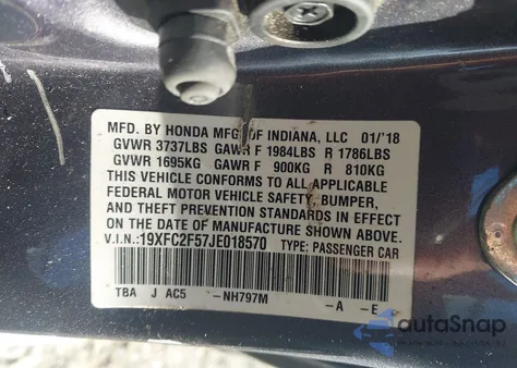 2018 Honda Civic Lx z USA, uszkodzony, nr VIN 19XFC2F57JE018570